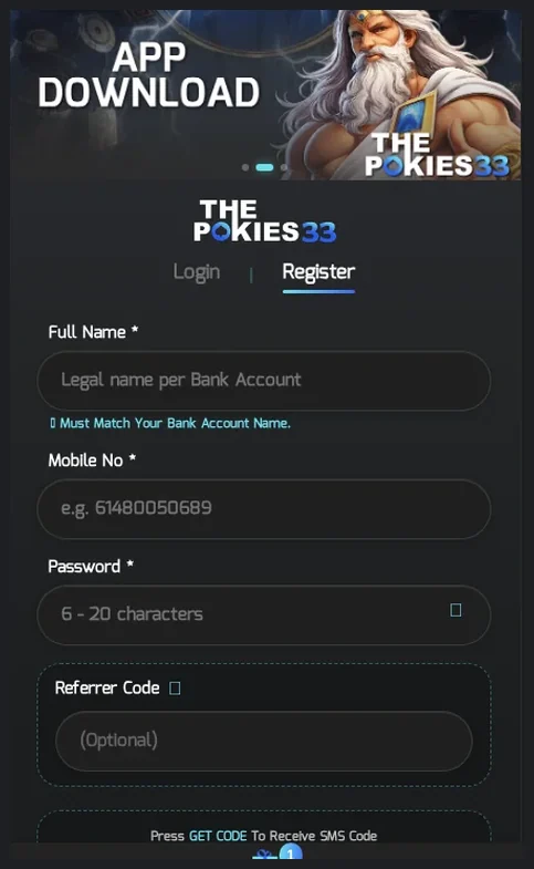 ThePokies33 Registration form, "Register" tab with input fields for account creation, 20.10.2026