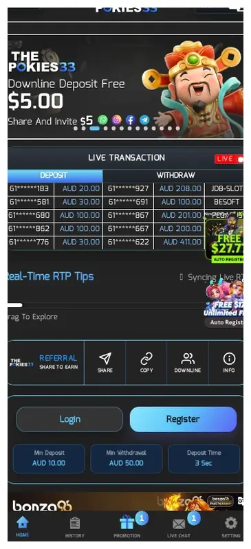 ThePokies33 mobile home page, live transaction feed with "Deposit" and "Withdraw" tabs, 20.10.2026