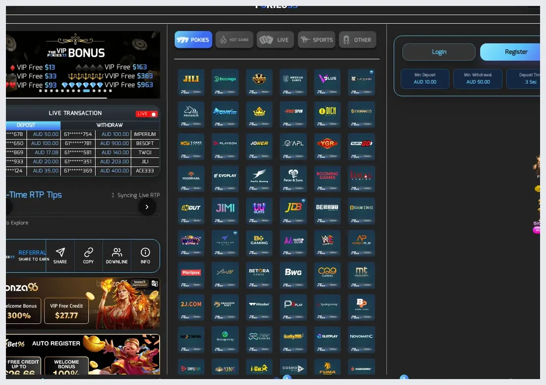 ThePokies33 home page main lobby, game provider grid with "POKIES" logo and navigation tabs, 20.10.2026
