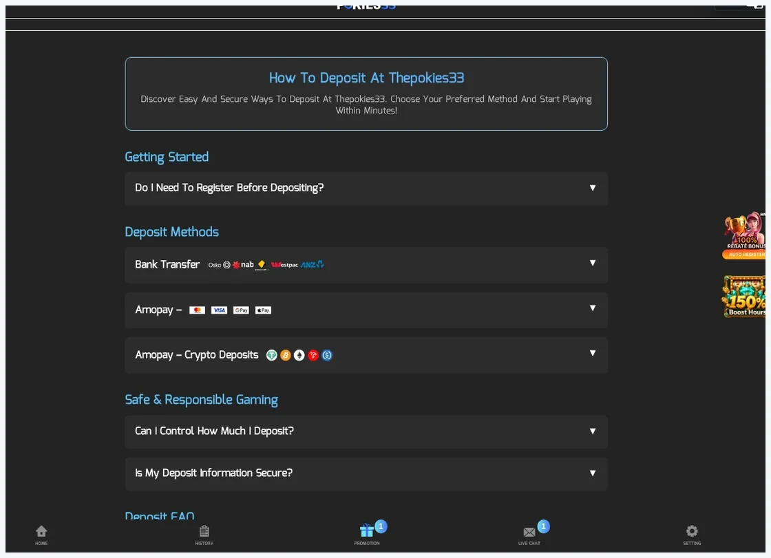 ThePokies33 deposit methods page, "Deposit Methods" section with payment provider logos, 20.10.2026