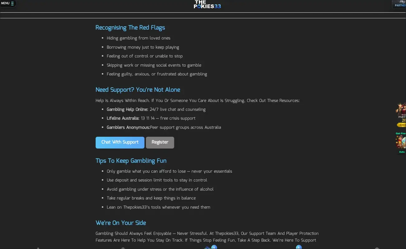 ThePokies33 Responsible gambling information page, "Recognising The Red Flags" section with support resources, 20.10.2026